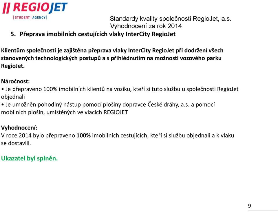 Je přepraveno 100% imobilních klientů na vozíku, kteří si tuto službu u společnosti RegioJet objednali Je umožněn pohodlný nástup pomocí