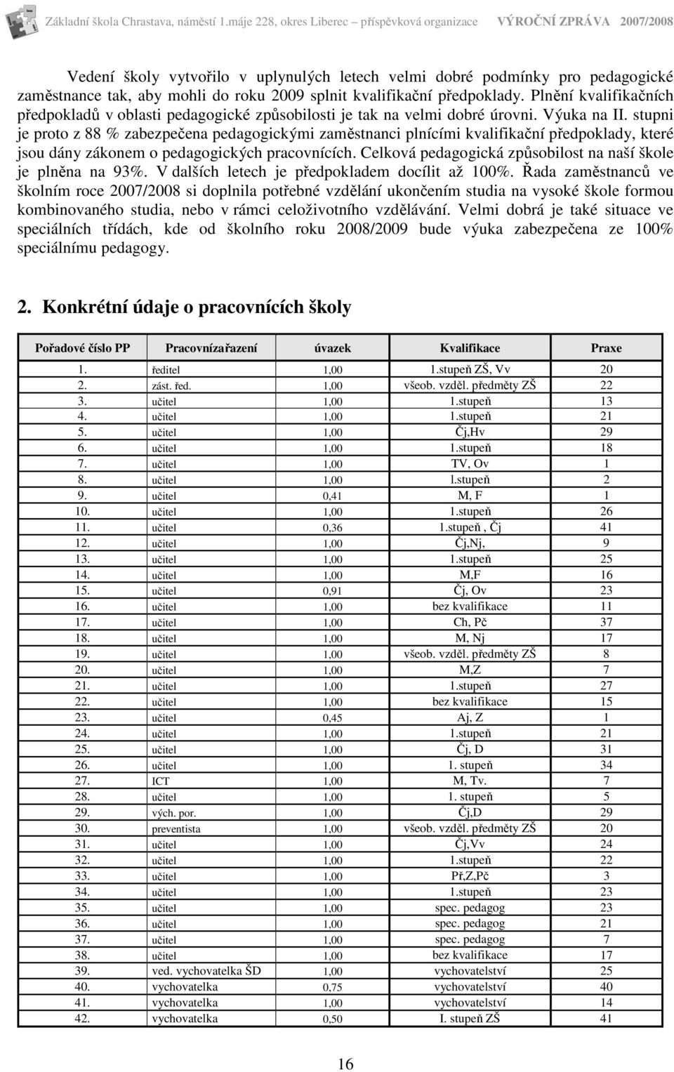 stupni je proto z 88 % zabezpečena pedagogickými zaměstnanci plnícími kvalifikační předpoklady, které jsou dány zákonem o pedagogických pracovnících.