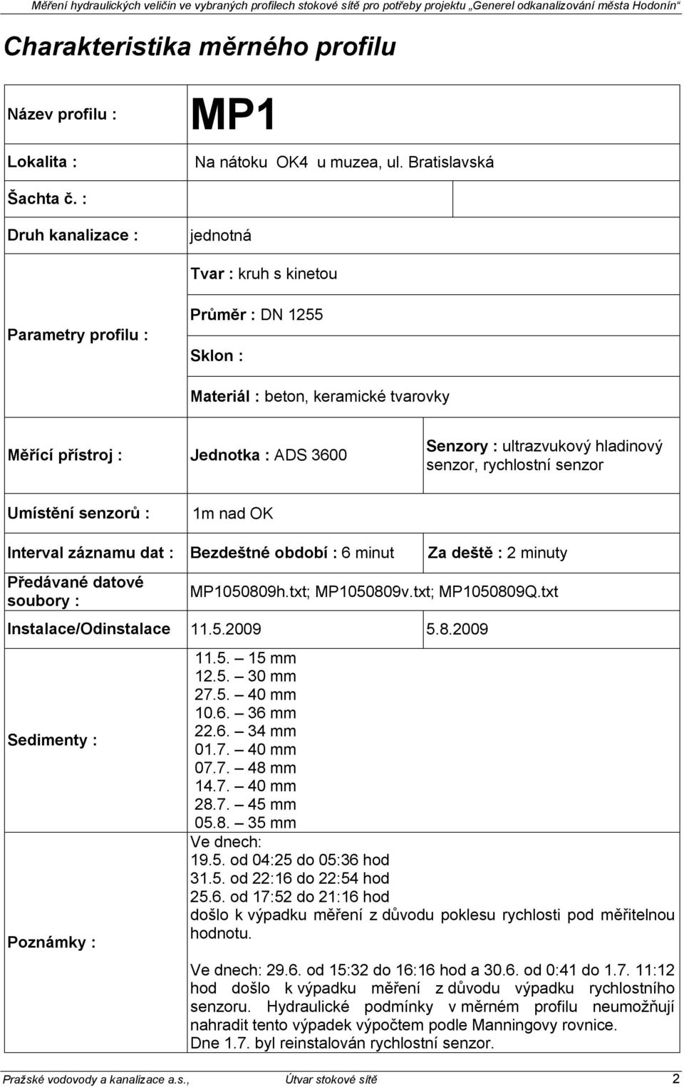 hladinový senzor, rychlostní senzor Umístění senzorů : 1m nad OK Interval záznamu dat : Bezdeštné období : 6 minut Předávané datové soubory : Za deště : 2 minuty MP1050809h.txt; MP1050809v.
