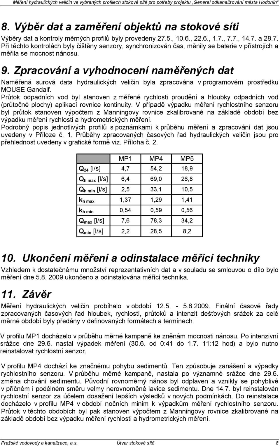 Zpracování a vyhodnocení naměřených dat Naměřená surová data hydraulických veličin byla zpracována v programovém prostředku MOUSE Gandalf.