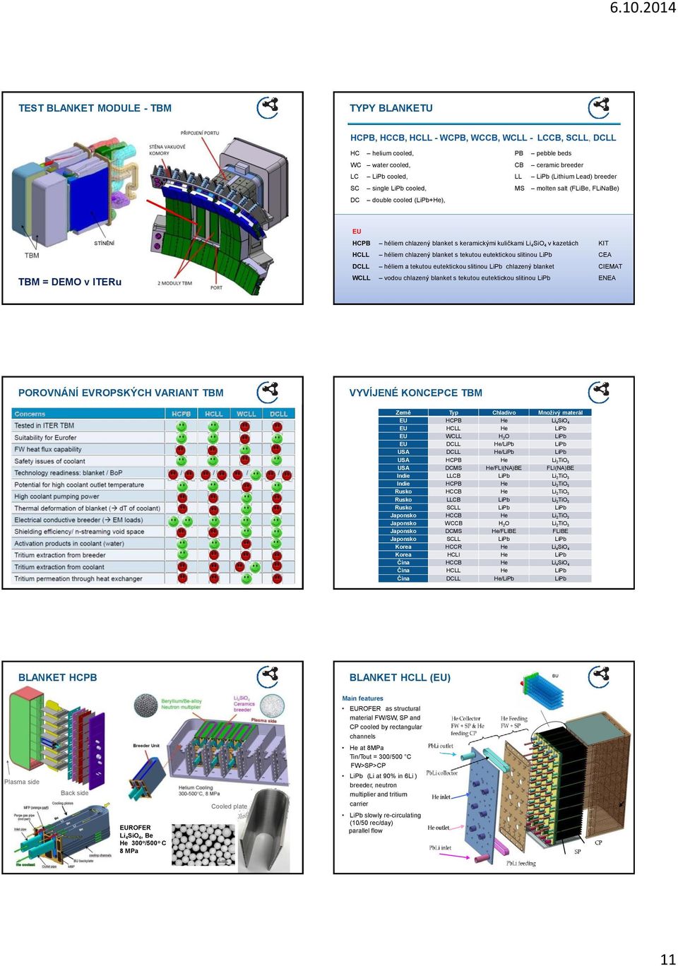 kazetách KIT HCLL héliem chlazený blanket s tekutou eutektickou slitinou LiPb CEA DCLL héliem a tekutou eutektickou slitinou LiPb chlazený blanket CIEMAT WCLL vodou chlazený blanket s tekutou
