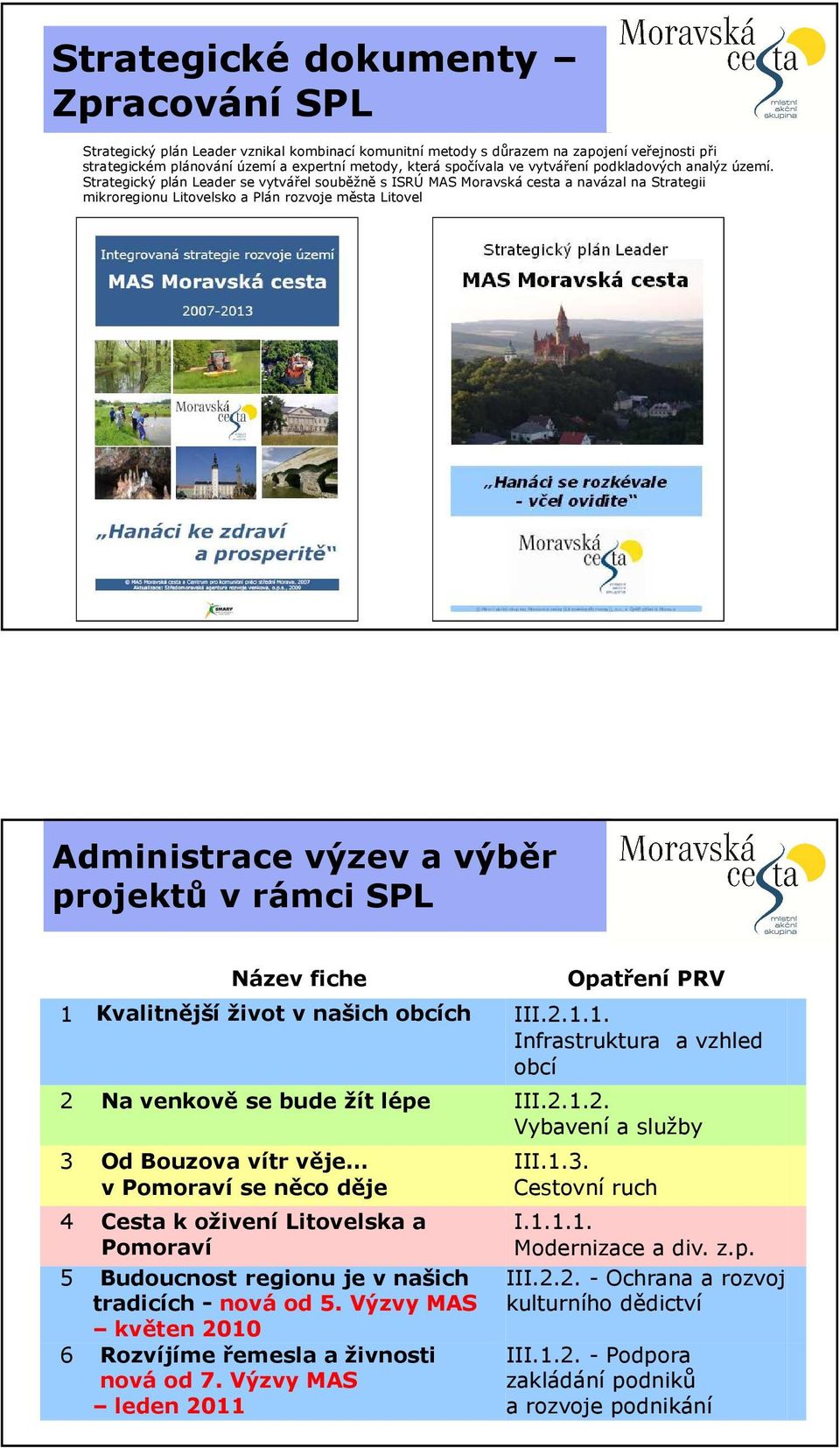 Strategický plán Leader se vytvářel souběžně s ISRÚ MAS Moravská cesta a navázal na Strategii mikroregionu Litovelsko a Plán rozvoje města Litovel Administrace výzev a výběr projektů v rámci SPL
