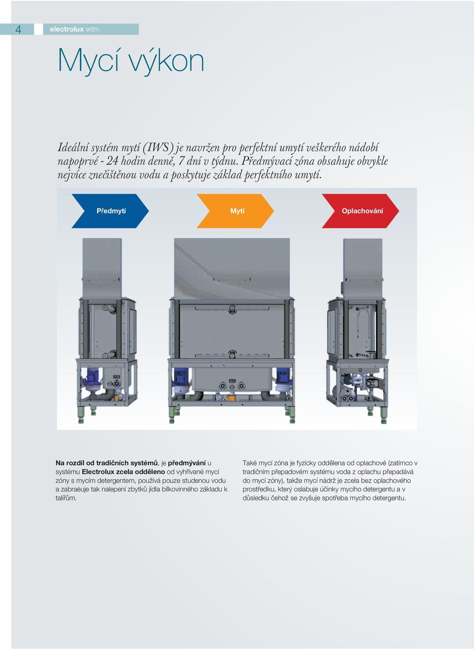Předmytí Mytí Oplachování Na rozdíl od tradičních systémů, je předmývání u systému Electrolux zcela odděleno od vyhřívané mycí zóny s mycím detergentem, používá pouze studenou vodu a zabraėuje