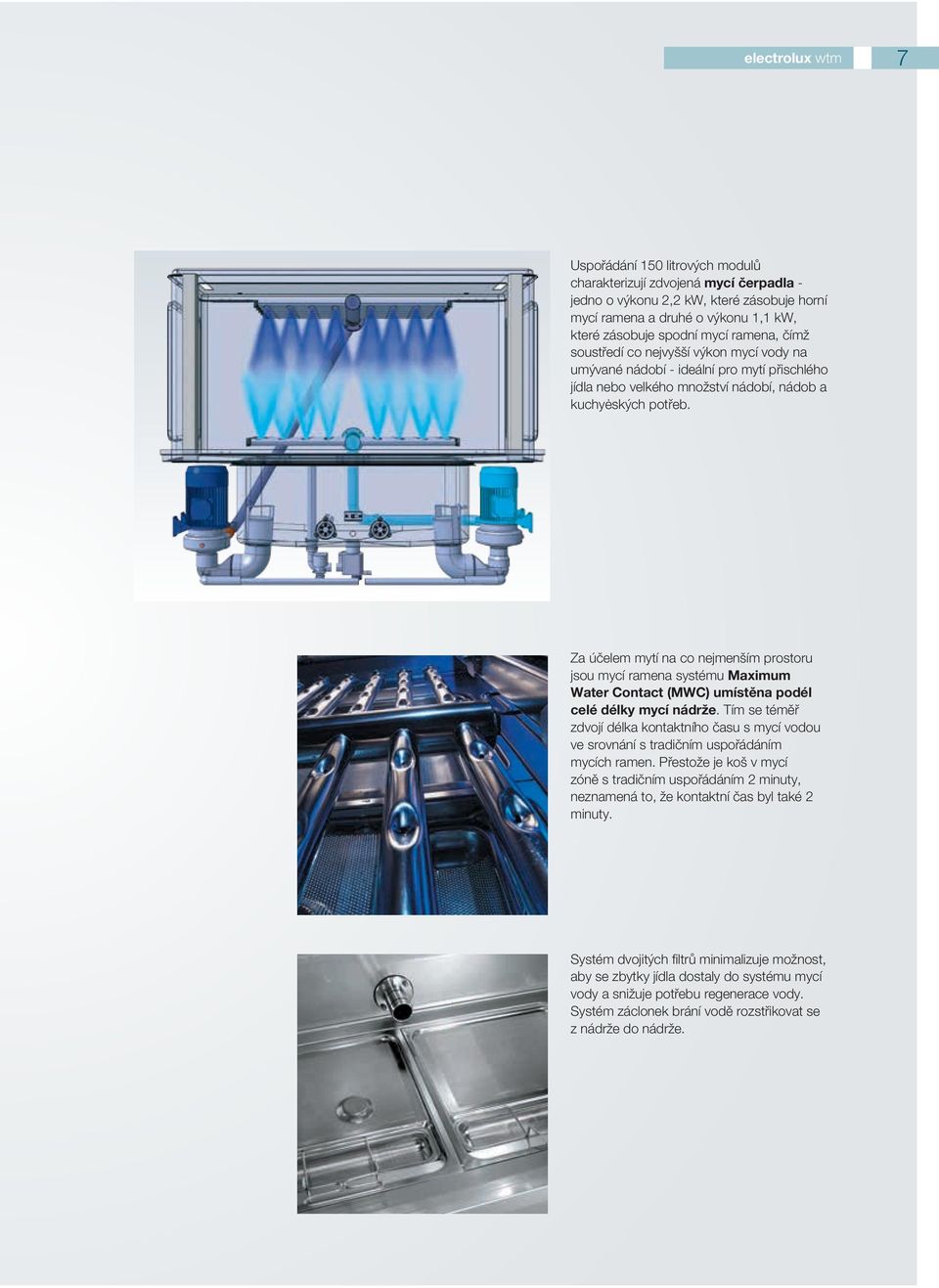 Za účelem mytí na co nejmenším prostoru jsou mycí ramena systému Maximum Water Contact (MWC) umístěna podél celé délky mycí nádrže.
