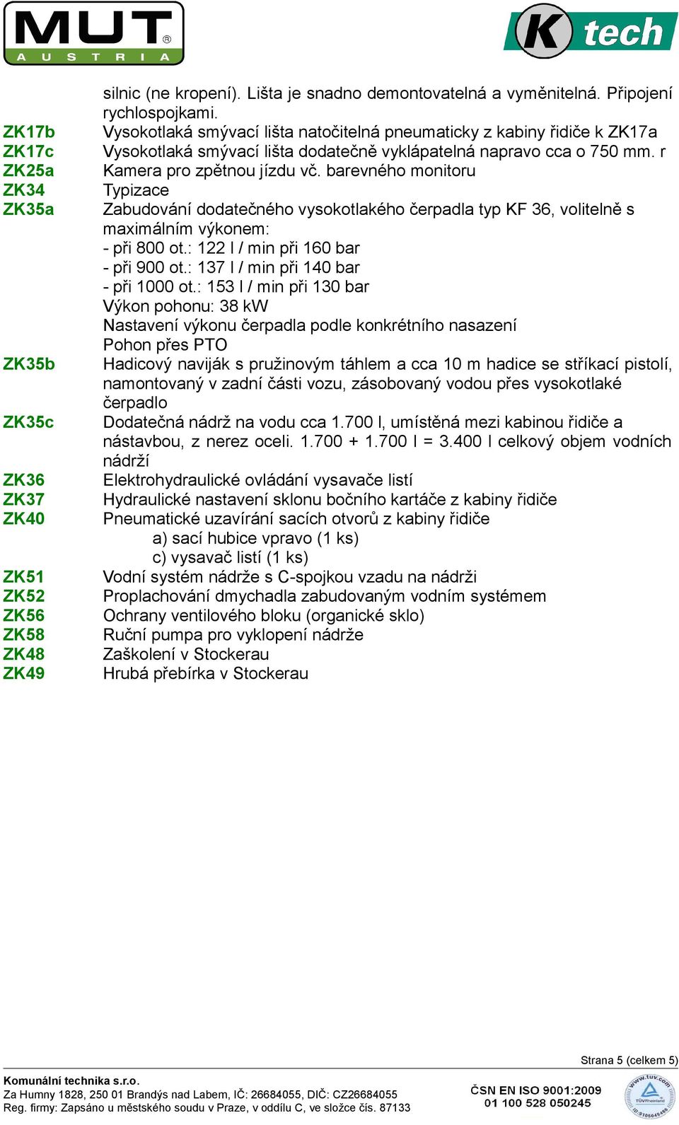 barevného monitoru Typizace Zabudování dodatečného vysokotlakého čerpadla typ KF 36, volitelně s maximálním výkonem: - při 800 ot.: 122 l / min při 160 bar - při 900 ot.