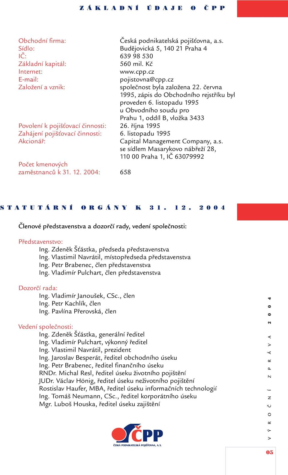 listopadu 1995 u Obvodního soudu pro Prahu 1, oddíl B, vložka 3433 Povolení k pojišťovací činnosti: 26. října 1995 Zahájení pojišťovací činnosti: 6.