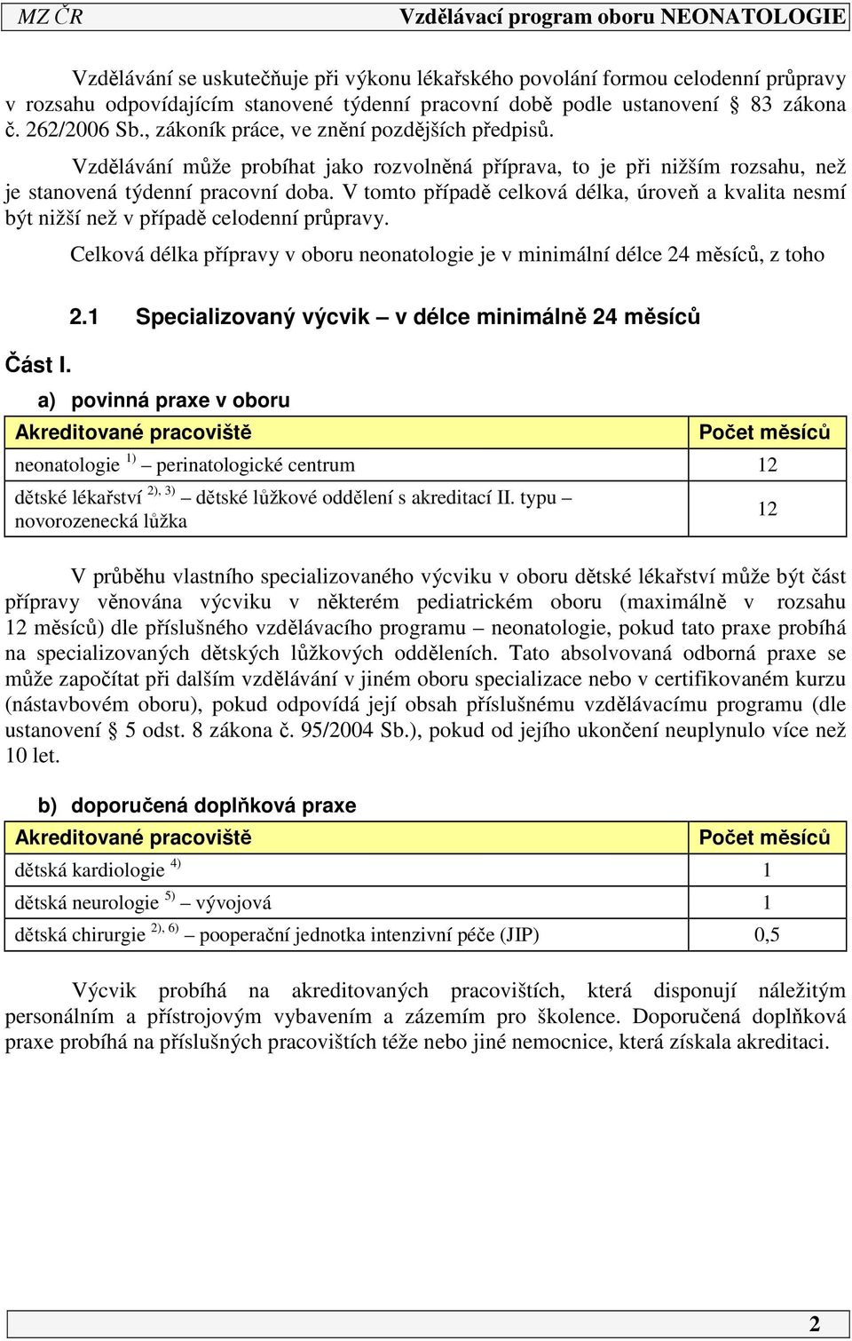 V tomto případě celková délka, úroveň a kvalita nesmí být nižší než v případě celodenní průpravy. Celková délka přípravy v oboru neonatologie je v minimální délce 4 měsíců, z toho Část I.