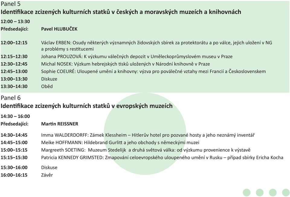 Výzkum hebrejských tisků uložených v Národní knihovně v Praze 12:45 13:00 Sophie COEURÉ: Uloupené umění a knihovny: výzva pro poválečné vztahy mezi Francií a Československem 13:00 13:30 Diskuze 13:30