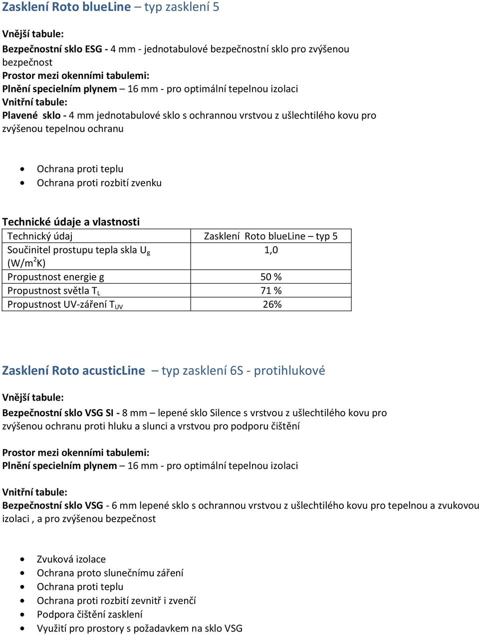 (W/m 2 K) Propustnost energie g 50 % Propustnost světla T L 71 % Propustnost UV-záření T UV 26% Zasklení Roto acusticline typ zasklení 6S - protihlukové Bezpečnostní sklo VSG SI - 8 mm lepené sklo