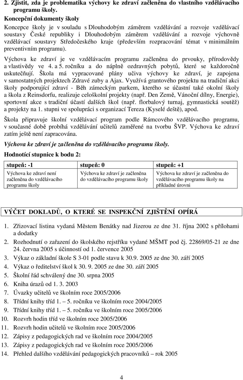 soustavy Středočeského kraje (především rozpracování témat v minimálním preventivním programu). Výchova ke zdraví je ve vzdělávacím programu začleněna do prvouky, přírodovědy a vlastivědy ve 4. a 5.