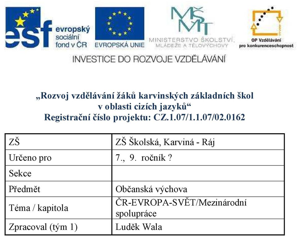 0162 ZŠ ZŠ Školská, Karviná - Ráj Určeno pro 7., 9. ročník?
