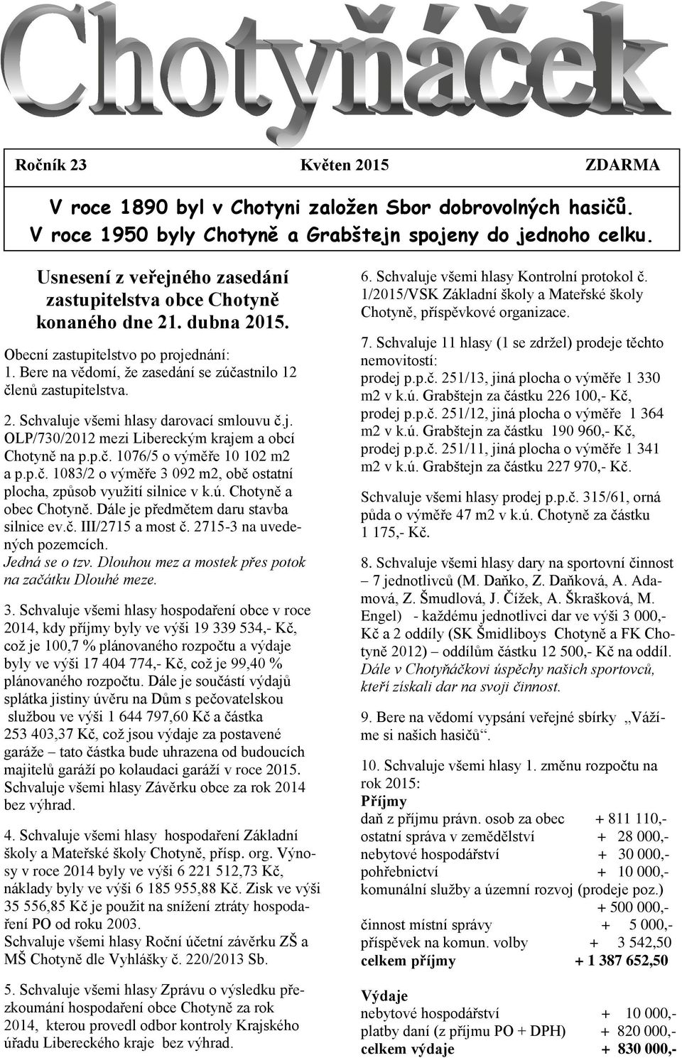 j. OLP/730/2012 mezi Libereckým krajem a obcí Chotyně na p.p.č. 1076/5 o výměře 10 102 m2 a p.p.č. 1083/2 o výměře 3 092 m2, obě ostatní plocha, způsob využití silnice v k.ú. Chotyně a obec Chotyně.