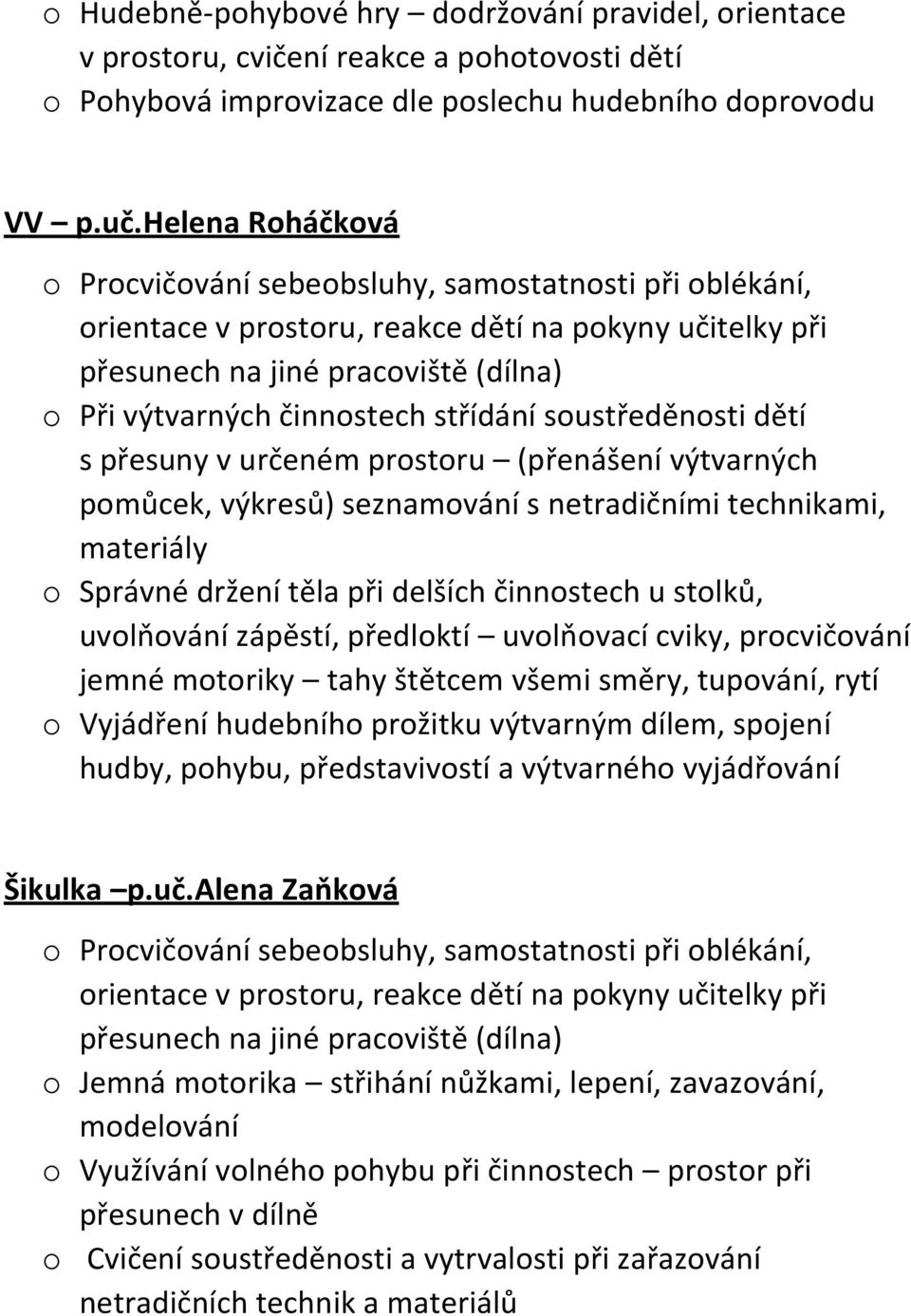 střídání soustředěnosti dětí s přesuny v určeném prostoru (přenášení výtvarných pomůcek, výkresů) seznamování s netradičními technikami, materiály o Správné držení těla při delších činnostech u