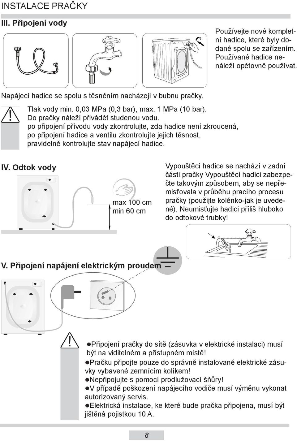 po připojení přívodu vody zkontrolujte, zda hadice není zkroucená, po připojení hadice a ventilu zkontrolujte jejich těsnost, pravidelně kontrolujte stav napájecí hadice. IV.