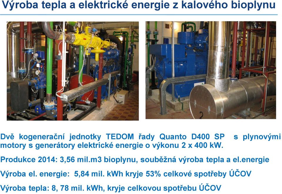 Produkce 2014: 3,56 mil.m3 bioplynu, souběžná výroba tepla a el.energie Výroba el.