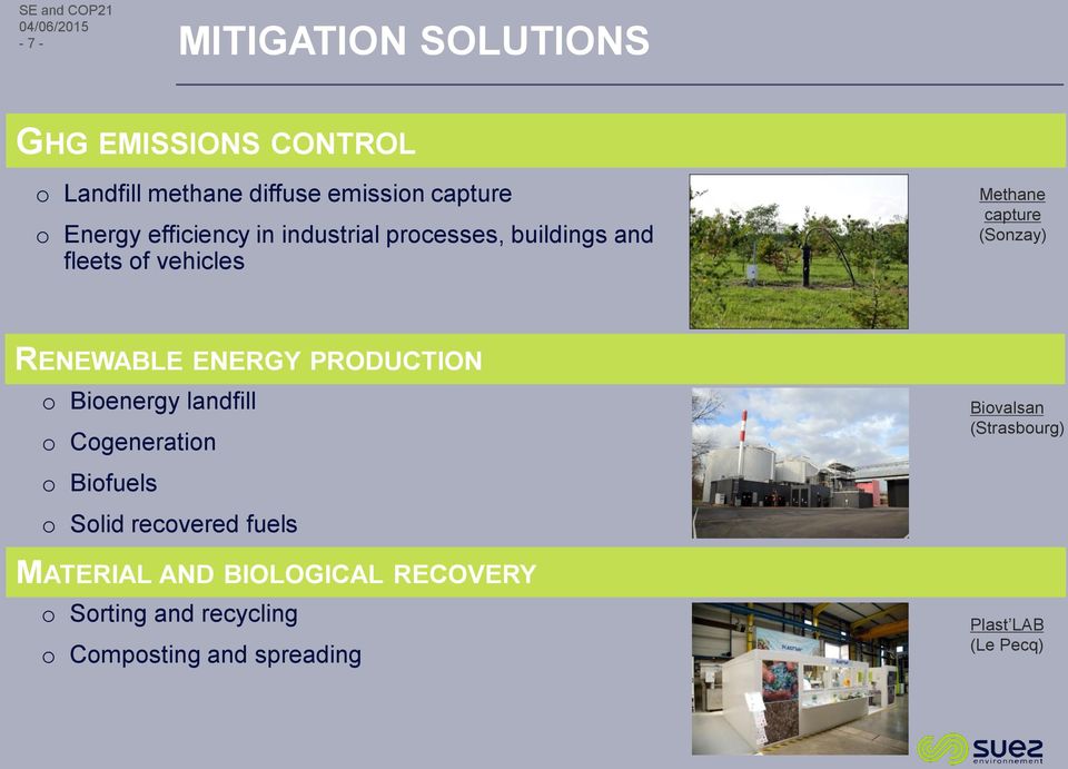 RENEWABLE ENERGY PRODUCTION o Bioenergy landfill o Cogeneration o Biofuels o Solid recovered fuels MATERIAL