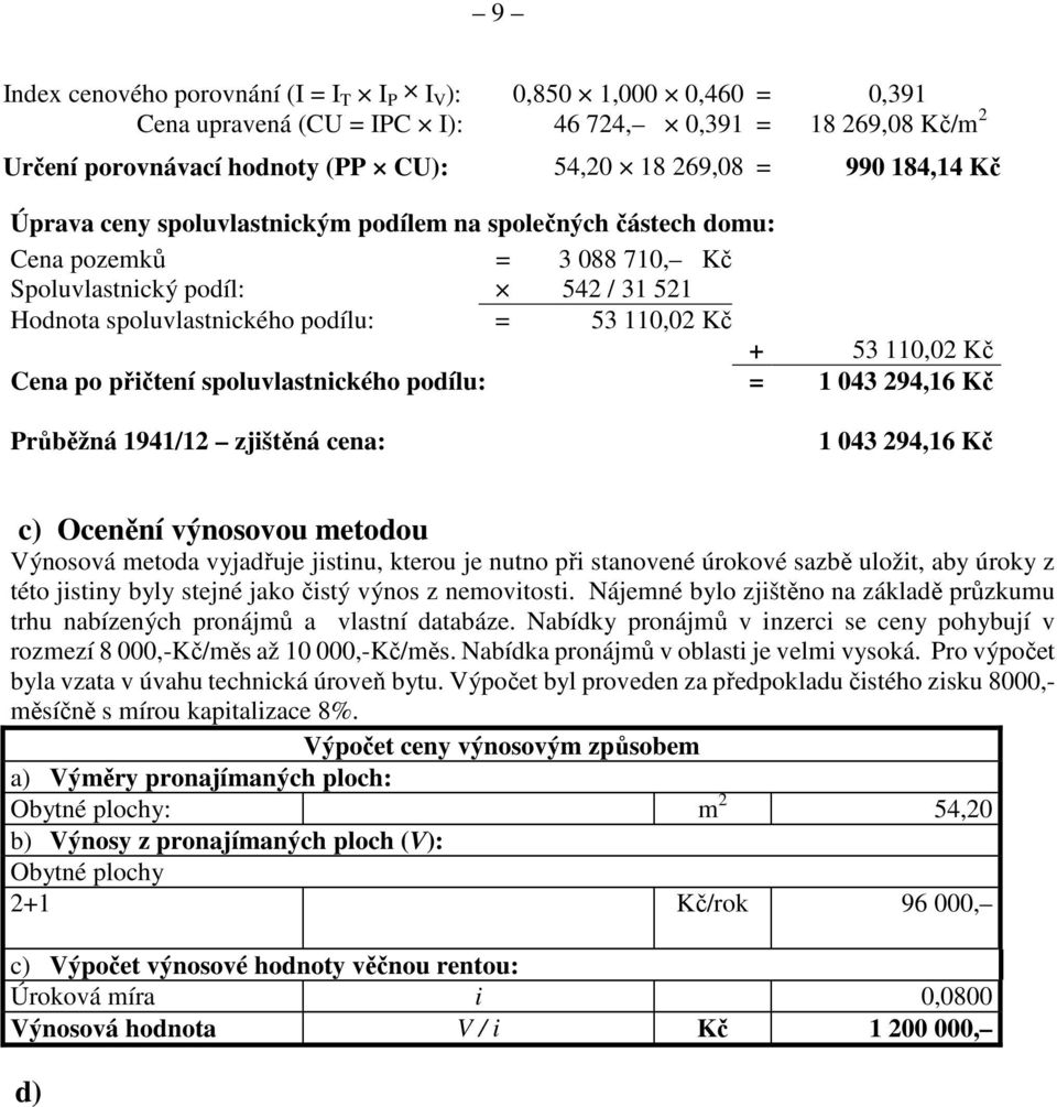 Cena po přičtení spoluvlastnického podílu: = 1 043 294,16 Kč Průběžná 1941/12 zjištěná cena: 1 043 294,16 Kč c) Ocenění výnosovou metodou Výnosová metoda vyjadřuje jistinu, kterou je nutno při