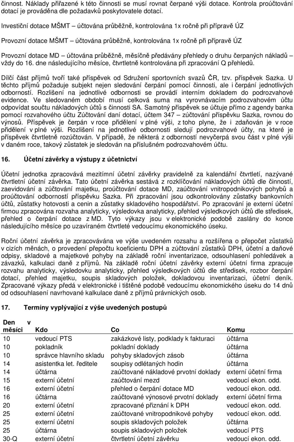 měsíčně předávány přehledy o druhu čerpaných nákladů vždy do 16. dne následujícího měsíce, čtvrtletně kontrolována při zpracování Q přehledů.