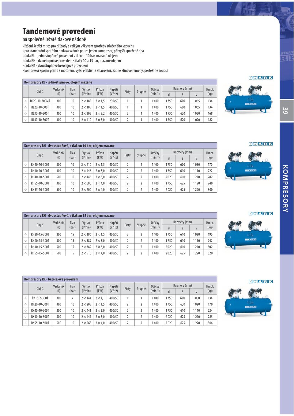 kompresor spojen přímo s motorem: vyšší efektivita stlačování, žádné klínové řemeny, perfektně souosé Kompresory RL - jednostupňové, olejem mazané Vzdušník Tlak Výtlak Příkon Napětí Otáčky Hmot.