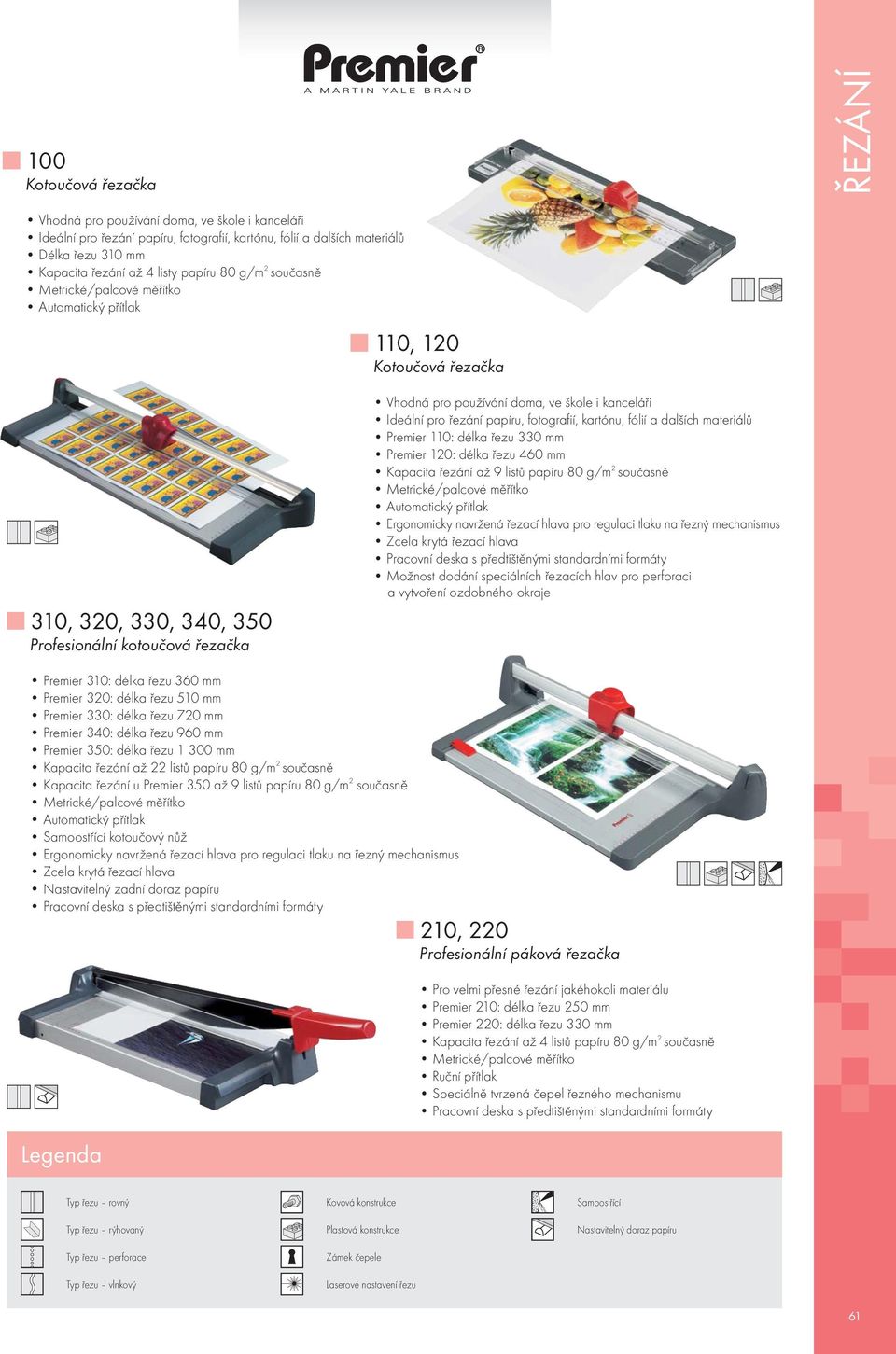 dalších materiálů Premier 110: délka řezu 330 mm Premier 120: délka řezu 460 mm Kapacita řezání až 9 listů papíru 80 g/m 2 současně Automatický přítlak Ergonomicky navržená řezací pro regulaci tlaku