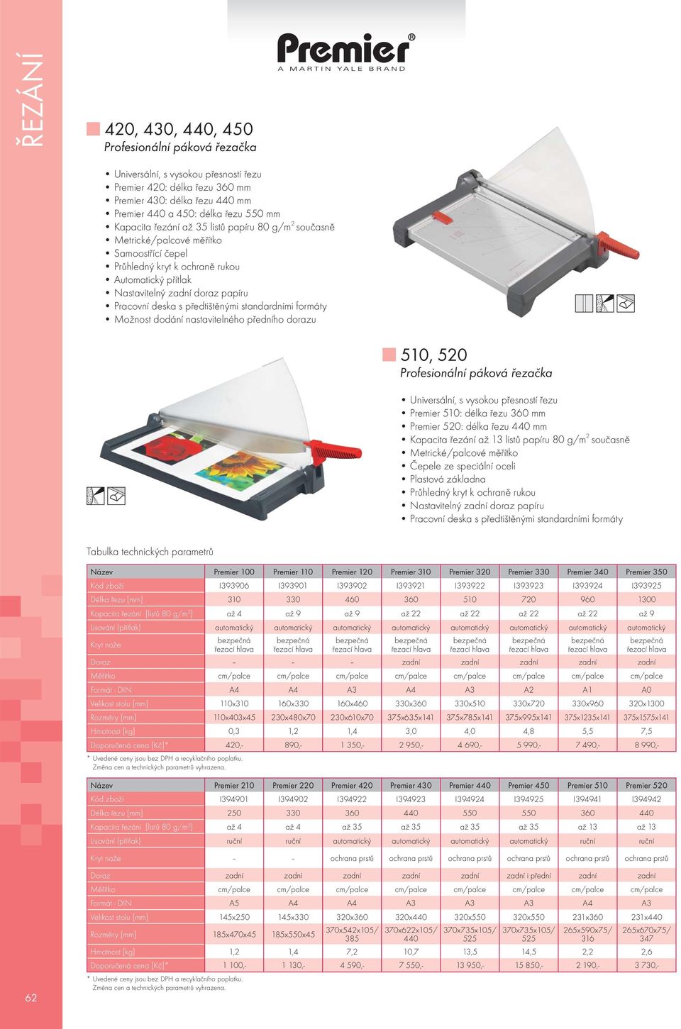 předního dorazu 510, 520 Profesionální páková řezačka Universální, s vysokou přesností řezu Premier 510: délka řezu 360 mm Premier 520: délka řezu 440 mm Kapacita řezání až 13 listů papíru 80 g/m 2