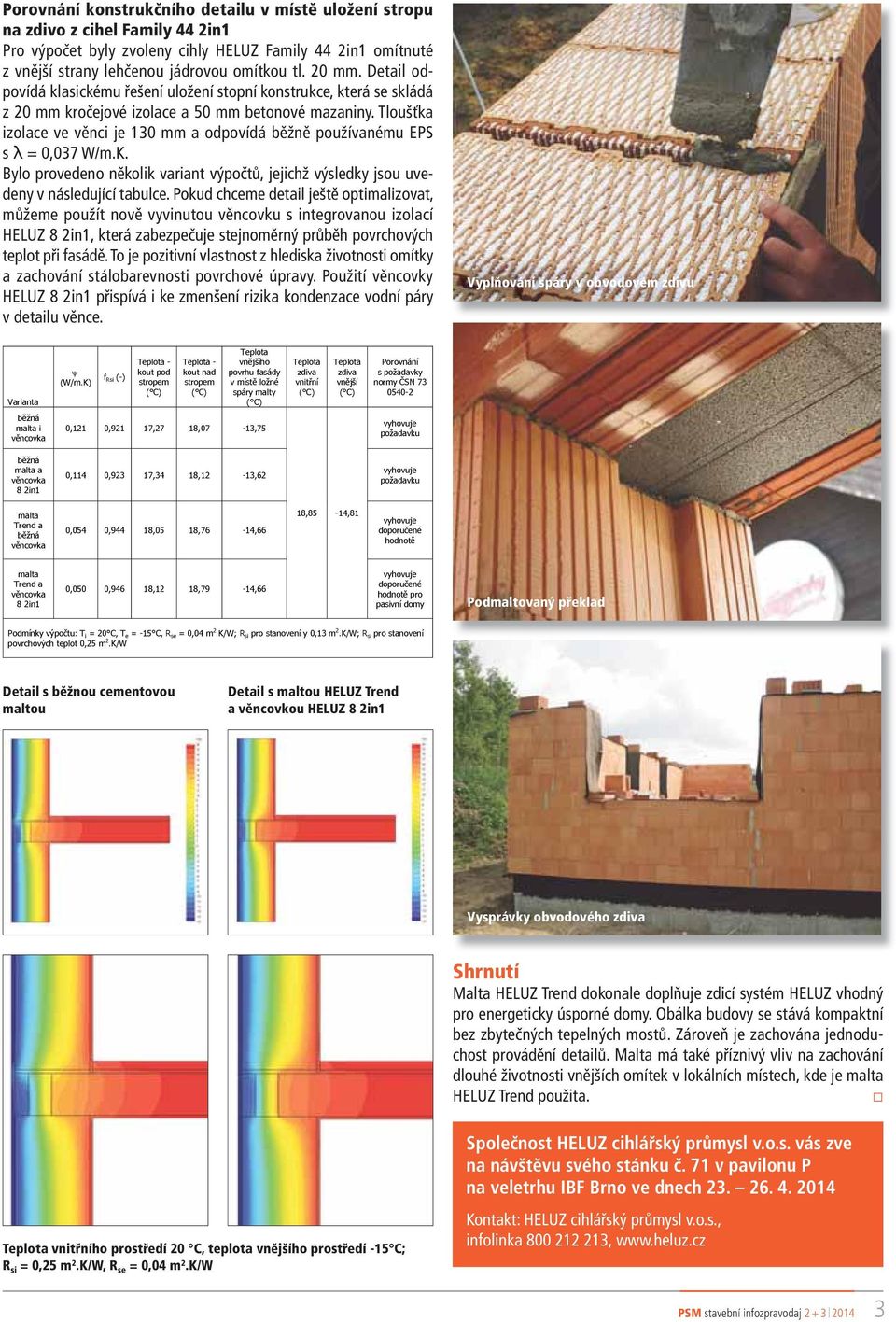 Tloušťka izolace ve věnci je 130 mm a odpovídá běžně používanému EPS s λ = 0,037 W/m.K. Bylo provedeno několik variant výpočtů, jejichž výsledky jsou uvedeny v následující tabulce.