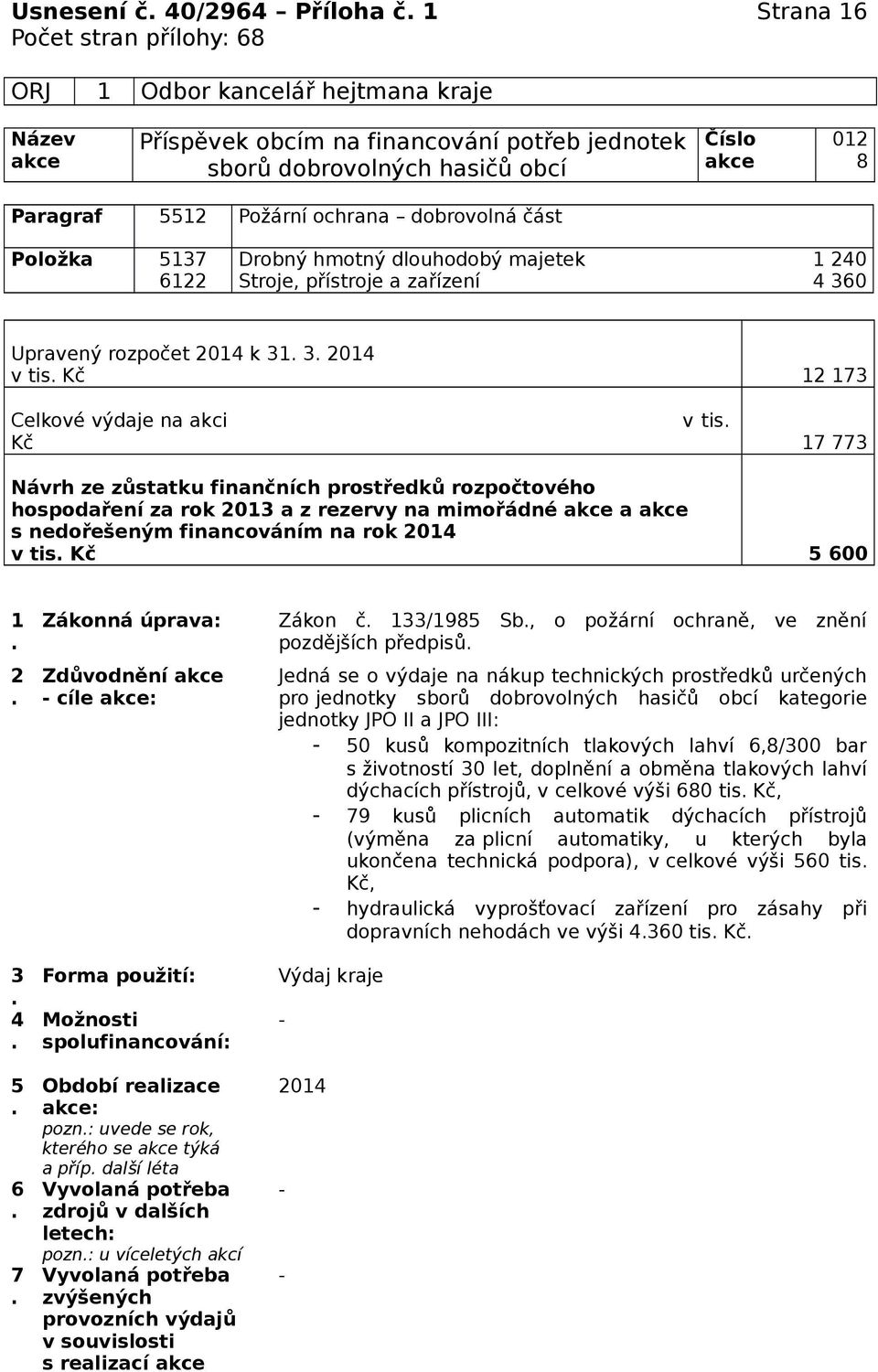 17 773 Návrh ze zůstatku finančních prostředků rozpočtového hospodaření za rok 2013 a z rezervy na mimořádné a s nedořešeným financováním na rok 2014 v tis Kč 5 600 1 2 3 4 5 6 7 Zákonná úprava: