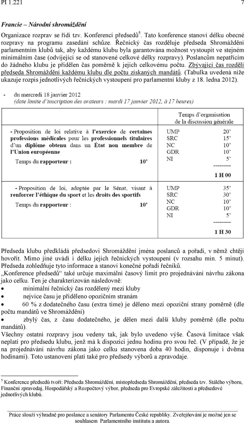 Poslancům nepatřícím do žádného klubu je přidělen čas poměrně k jejich celkovému počtu. Zbývající čas rozdělí předseda Shromáždění každému klubu dle počtu získaných mandátů.