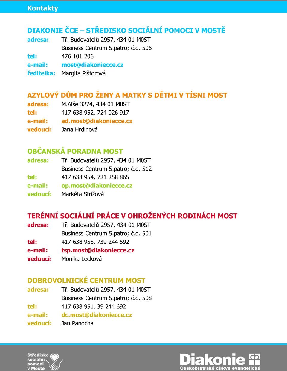 cz vedoucí: Jana Hrdinová OBČANSKÁ PORADNA MOST adresa: Tř. Budovatelů 2957, 434 01 M0ST Business Centrum 5.patro; č.d. 512 tel: 417 638 954, 721 258 865 e-mail: op.most@diakoniecce.