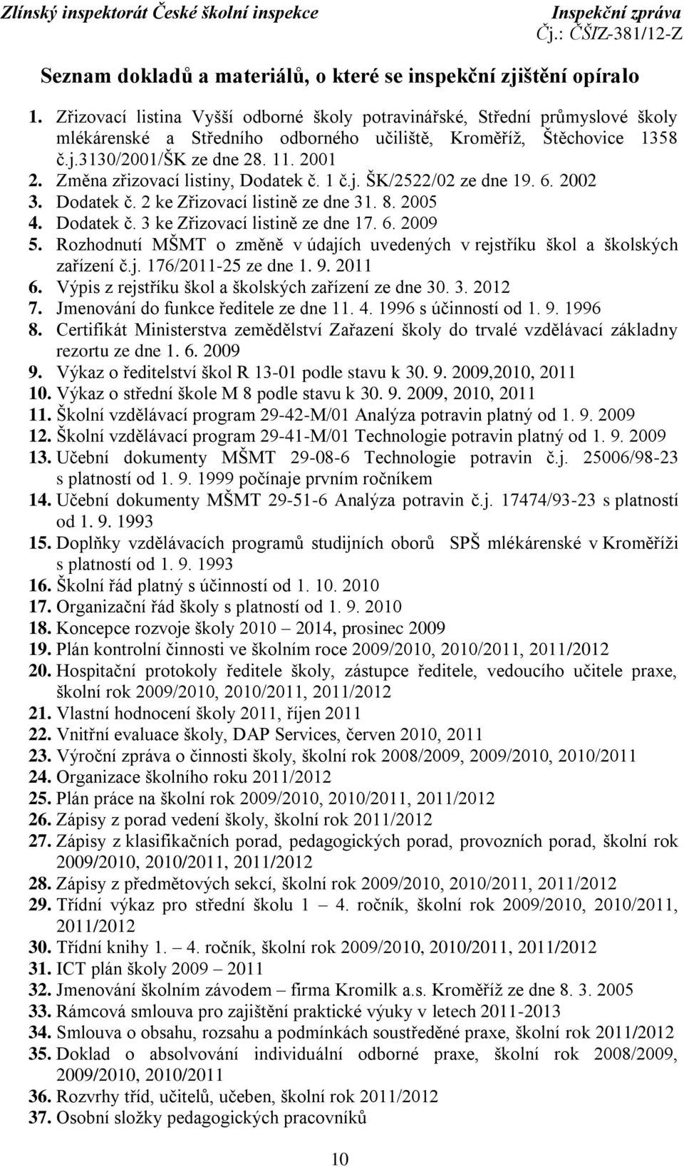 Změna zřizovací listiny, Dodatek č. 1 č.j. ŠK/2522/02 ze dne 19. 6. 2002 3. Dodatek č. 2 ke Zřizovací listině ze dne 31. 8. 2005 4. Dodatek č. 3 ke Zřizovací listině ze dne 17. 6. 2009 5.