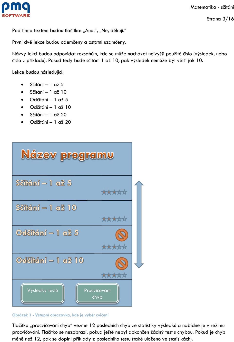 Lekce budou následující: Sčítání 1 až 5 Sčítání 1 až 10 Odčítání 1 až 5 Odčítání 1 až 10 Sčítání 1 až 20 Odčítání 1 až 20 Výsledky testů Procvičování chyb Obrázek 1 - Vstupní obrazovka, kde je