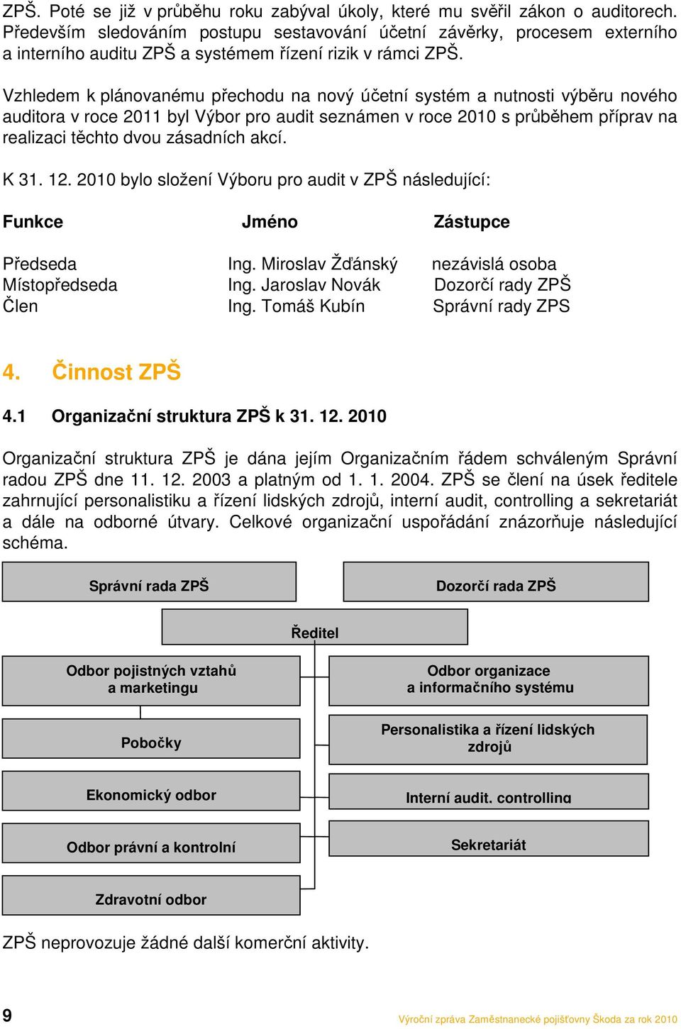 Vzhledem k plánovanému přechodu na nový účetní systém a nutnosti výběru nového auditora v roce 2011 byl Výbor pro audit seznámen v roce 2010 s průběhem příprav na realizaci těchto dvou zásadních akcí.