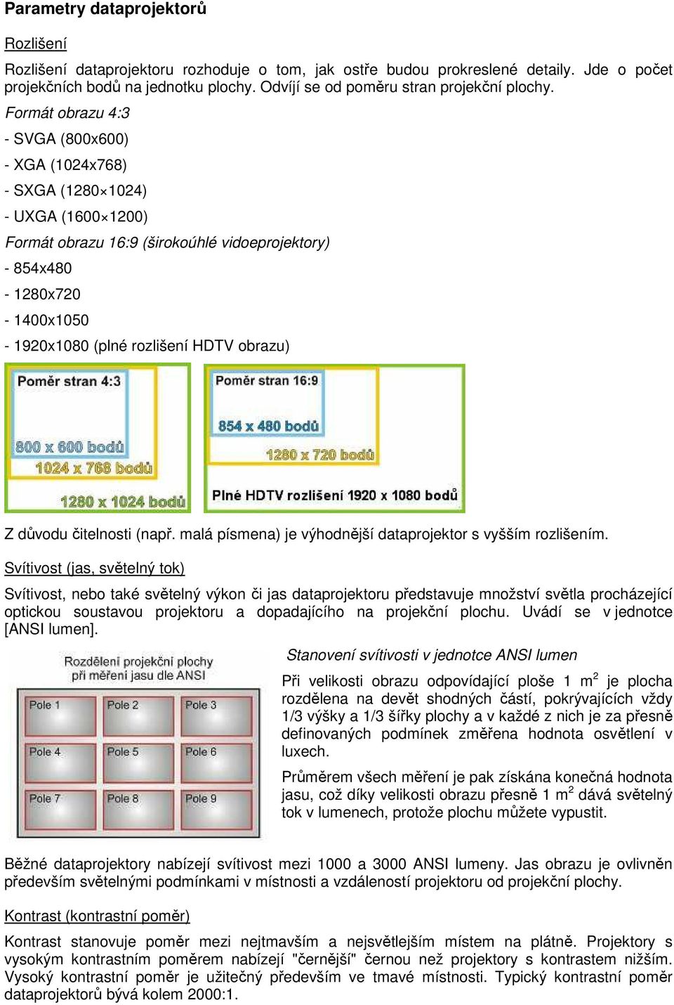 Formát obrazu 4:3 - SVGA (800x600) - XGA (1024x768) - SXGA (1280 1024) - UXGA (1600 1200) Formát obrazu 16:9 (širokoúhlé vidoeprojektory) - 854x480-1280x720-1400x1050-1920x1080 (plné rozlišení HDTV