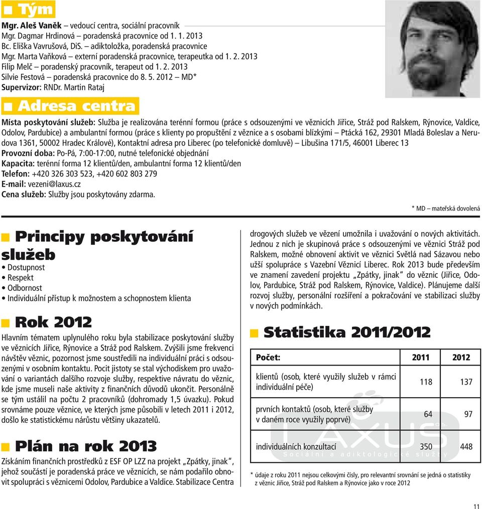 Martin Rataj Adresa centra Místa poskytování služeb: Služba je realizována terénní formou (práce s odsouzenými ve věznicích Jiřice, Stráž pod Ralskem, Rýnovice, Valdice, Odolov, Pardubice) a