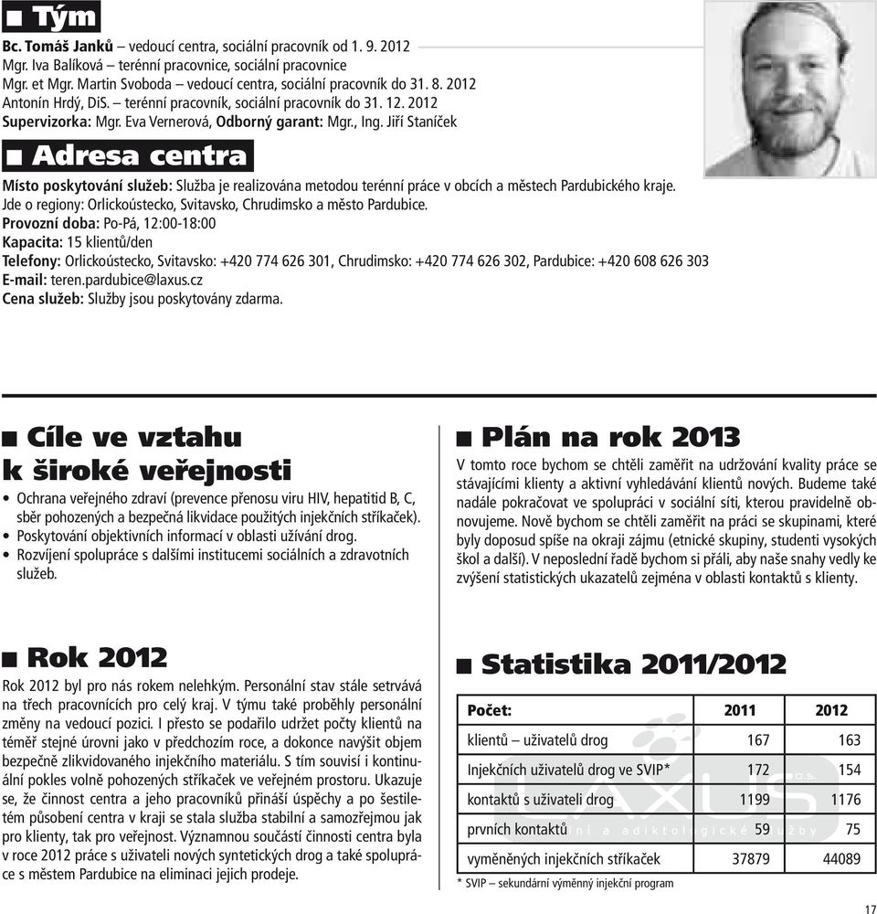 Jiří Staníček Adresa centra Místo poskytování služeb: Služba je realizována metodou terénní práce v obcích a městech Pardubického kraje.