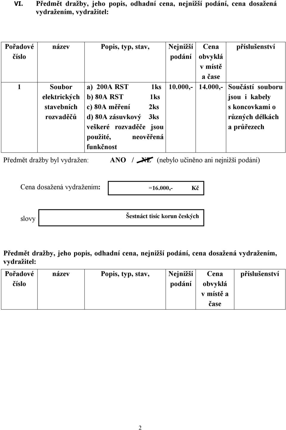 000,- 14.000,- Součástí souboru jsou i kabely s koncovkami o různých délkách a průřezech dosažená vydražením: =16.