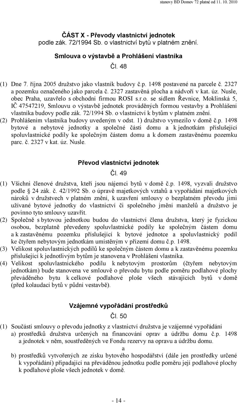 72/1994 Sb. o vlastnictví k bytům v pl