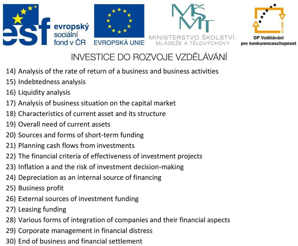 criteria of effectiveness of investment projects 23) Inflation a and the risk of investment decision-making 24) Depreciation as an internal source of financing 25) Business profit 26) External