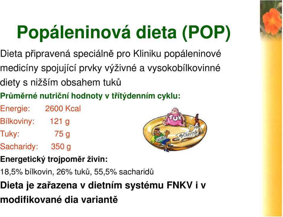 Energie: 2600 Kcal Bílkoviny: 121 g Tuky: 75 g Sacharidy: 350 g Energetický trojpoměr živin: 18,5%