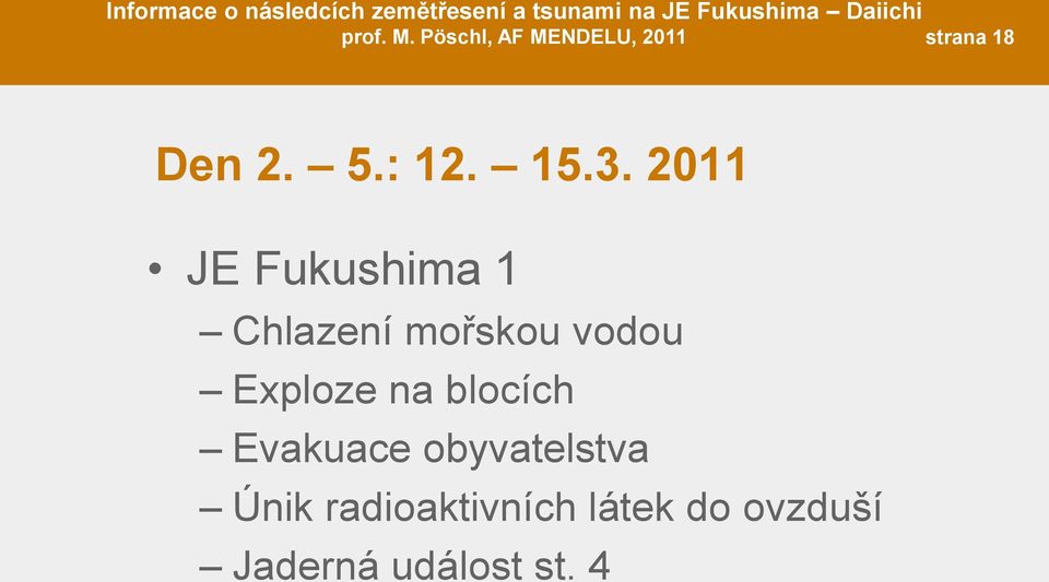 2011 JE Fukushima 1 Chlazení mořskou vodou Exploze