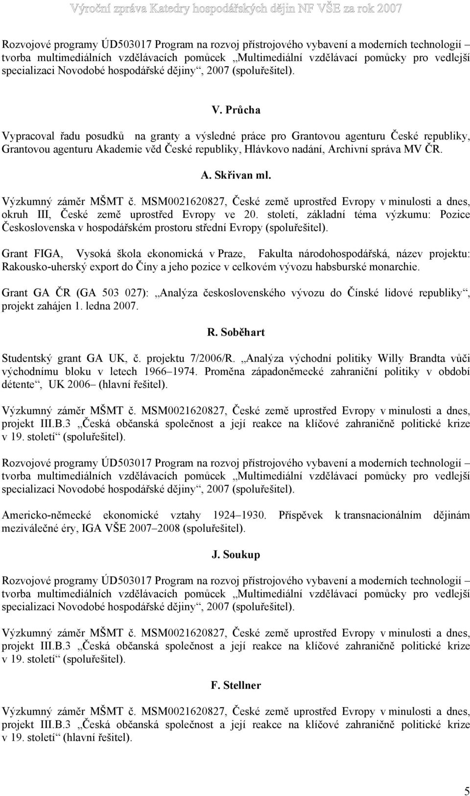 Průcha Vypracoval řadu posudků na granty a výsledné práce pro Grantovou agenturu České republiky, Grantovou agenturu Akademie věd České republiky, Hlávkovo nadání, Archivní správa MV ČR. A. Skřivan ml.