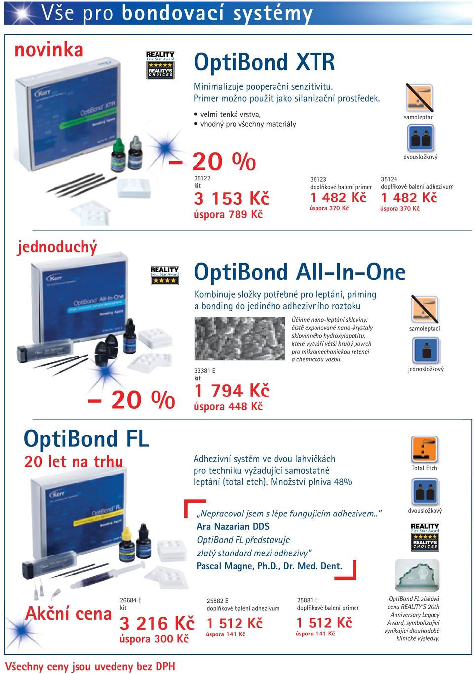 482 Kč úspora 370 Kč jednoduchý 20 % OptiBond FL 20 let na trhu OptiBond All-In-One Kombinuje složky potřebné pro leptání, priming a bonding do jediného adhezivního roztoku 33381 E kit 1 794 Kč