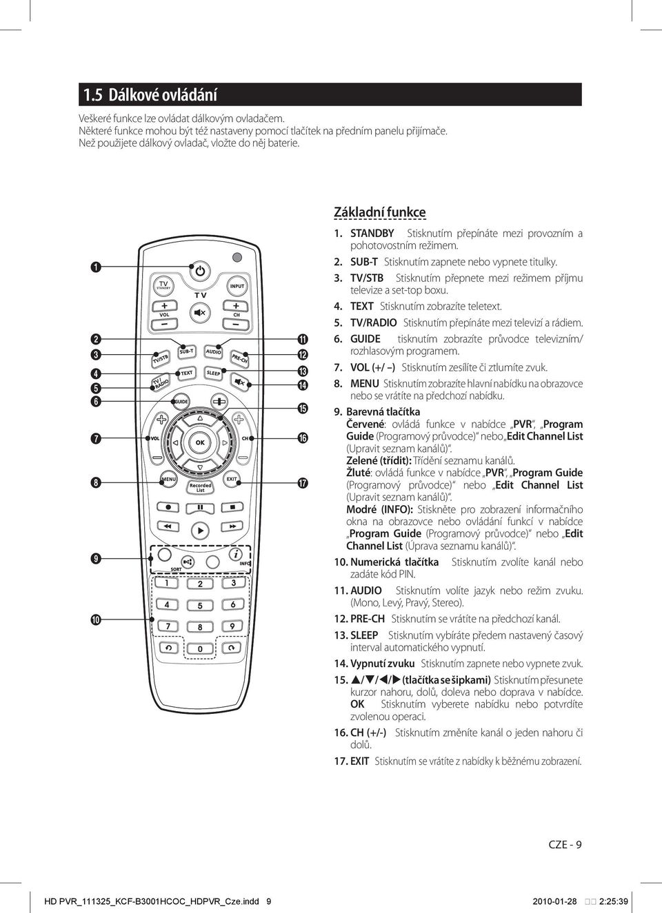 3. TV/STB Stisknutím přepnete mezi režimem příjmu televize a set-top boxu. 4. TEXT Stisknutím zobrazíte teletext. 5. TV/RADIO Stisknutím přepínáte mezi televizí a rádiem. 6.