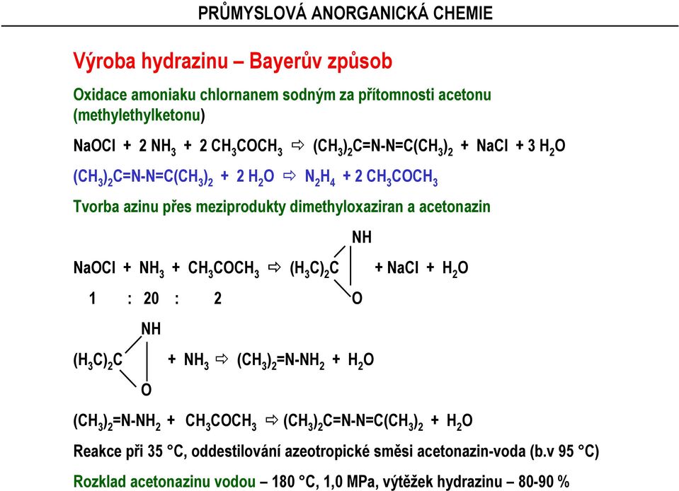 dimethyloxaziran a acetonazin NH NaCl + NH 3 + CH 3 CCH 3 (H 3 C C + NaCl 1 : 20 : 2 NH (H 3 C C + NH 3 (CH 3 =N-NH 2 (CH 3 =N-NH 2 + CH 3 CCH 3