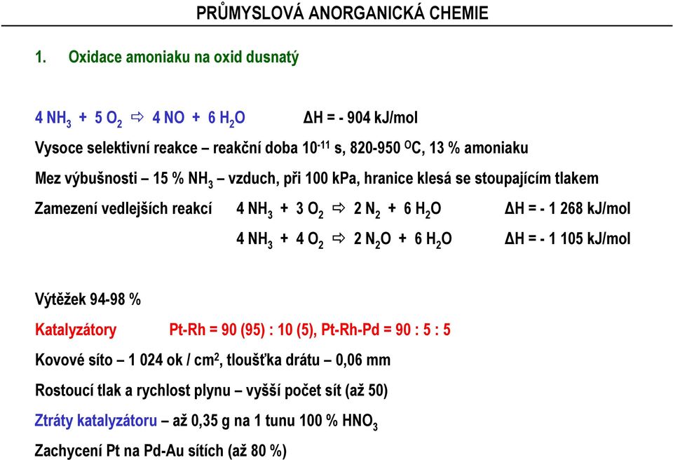 kj/mol 4 NH 3 + 4 2 2 N 2 + 6 H 2 H = - 1 105 kj/mol Výtěžek 94-98 % Katalyzátory Pt-Rh = 90 (95) : 10 (5), Pt-Rh-Pd = 90 : 5 : 5 Kovové síto 1 024 ok / cm 2,