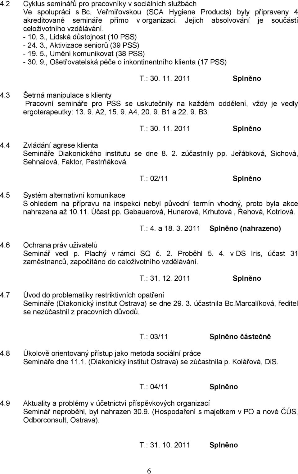 , Ošetřovatelská péče o inkontinentního klienta (17 PSS) 4.3 Šetrná manipulace s klienty Pracovní semináře pro PSS se uskutečnily na každém oddělení, vždy je vedly ergoterapeutky: 13. 9. A2, 15. 9. A4, 20.