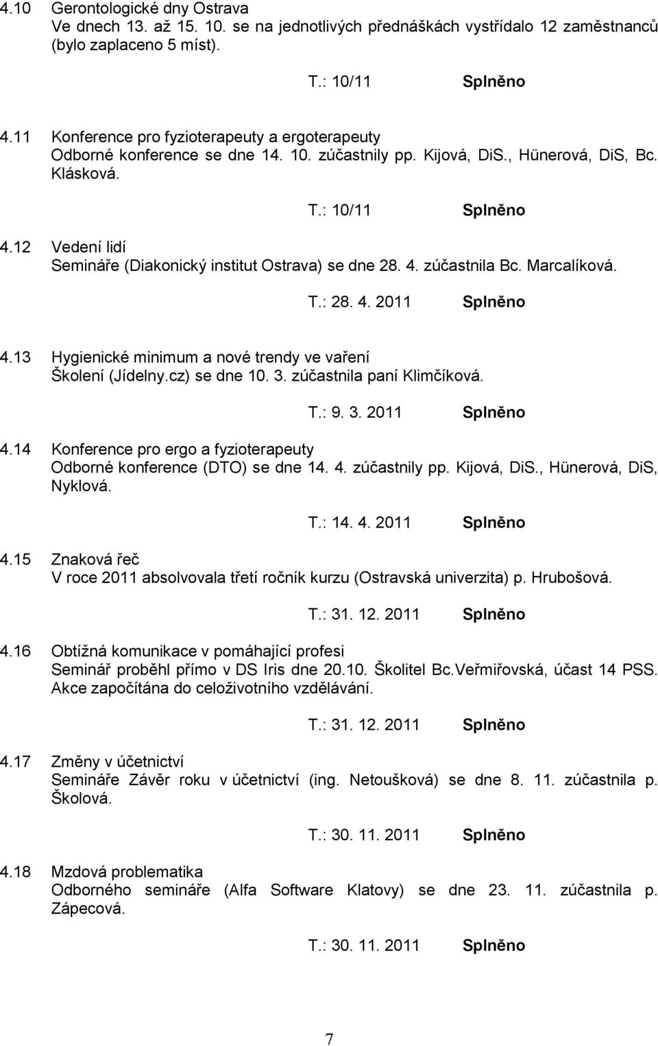 12 Vedení lidí Semináře (Diakonický institut Ostrava) se dne 28. 4. zúčastnila Bc. Marcalíková. T.: 28. 4. 2011 4.13 Hygienické minimum a nové trendy ve vaření Školení (Jídelny.cz) se dne 10. 3.