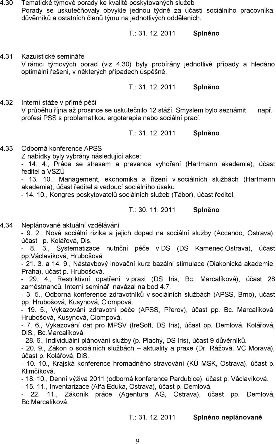 Smyslem bylo seznámit profesi PSS s problematikou ergoterapie nebo sociální prací. např. 4.33 Odborná konference APSS Z nabídky byly vybrány následující akce: - 14. 4., Práce se stresem a prevence vyhoření (Hartmann akademie), účast ředitel a VSZÚ - 13.