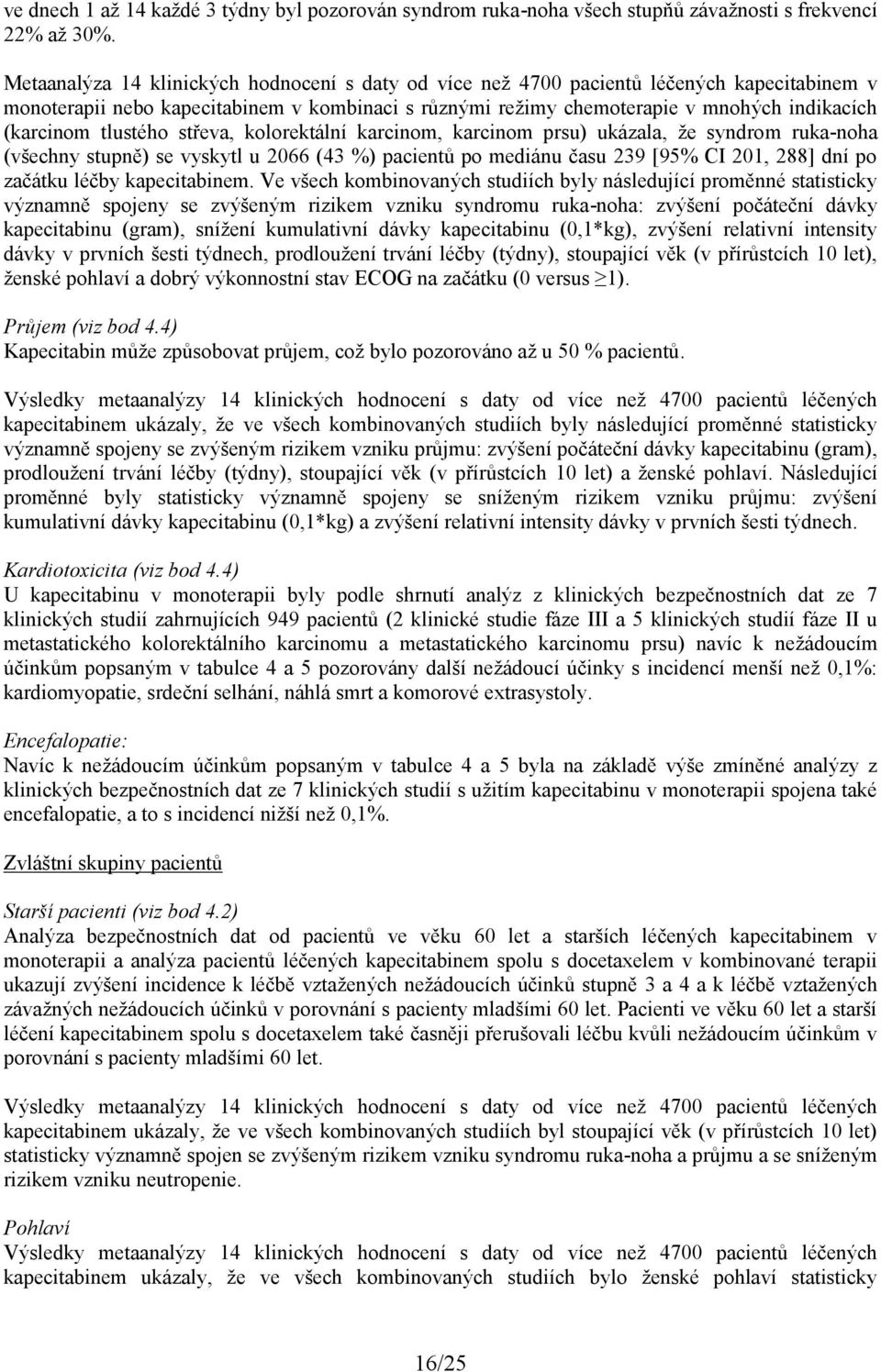 tlustého střeva, kolorektální karcinom, karcinom prsu) ukázala, že syndrom ruka-noha (všechny stupně) se vyskytl u 2066 (43 %) pacientů po mediánu času 239 [95% CI 201, 288] dní po začátku léčby