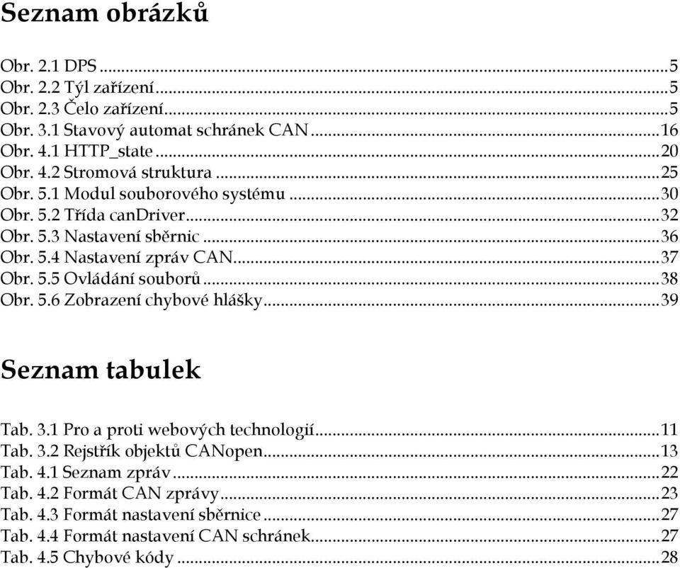 .. 38 Obr. 5.6 Zobrazení chybové hlášky... 39 Seznam tabulek Tab. 3.1 Pro a proti webových technologií... 11 Tab. 3.2 Rejstřík objektů CANopen... 13 Tab. 4.1 Seznam zpráv.